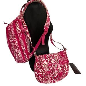 Vera Bradley Twirly Birds Pink Laptop Backpack And Crossbody Saddle Bag 2 Pc Set